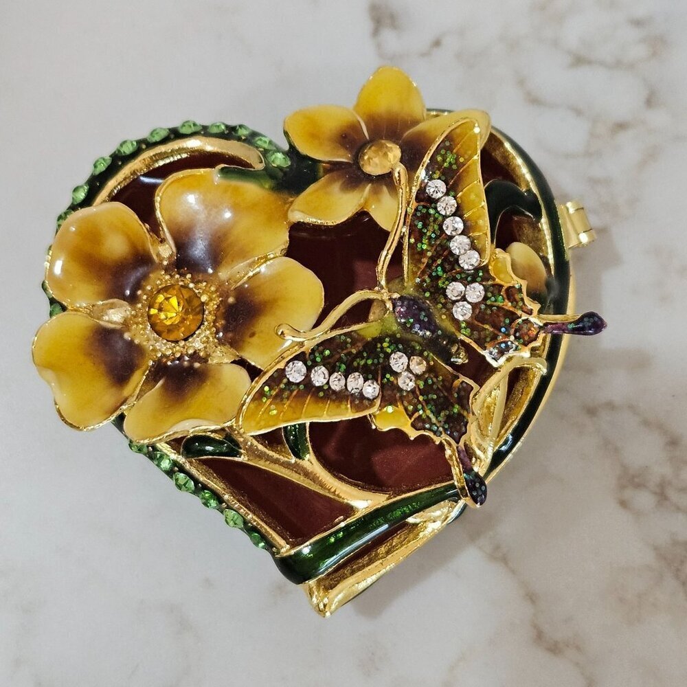 Enamel Heart Butterfly Flower Trinket Box With Rhinestones Hinged‎ Lid Gold